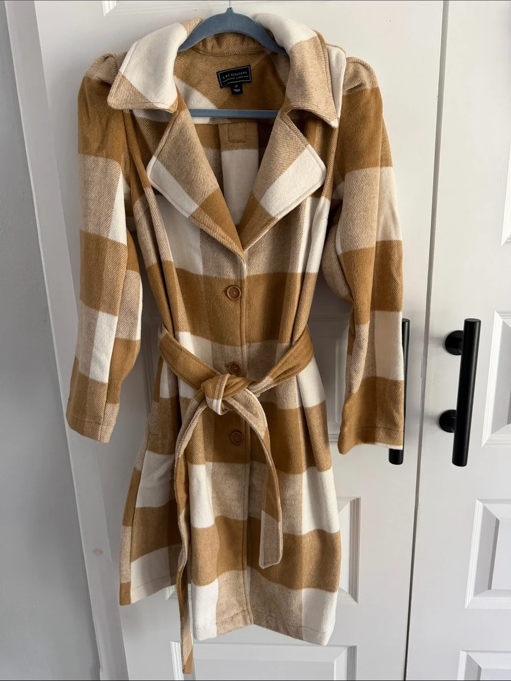 Black Label Camel & Cream Plaid Belted Trench Coat 10P